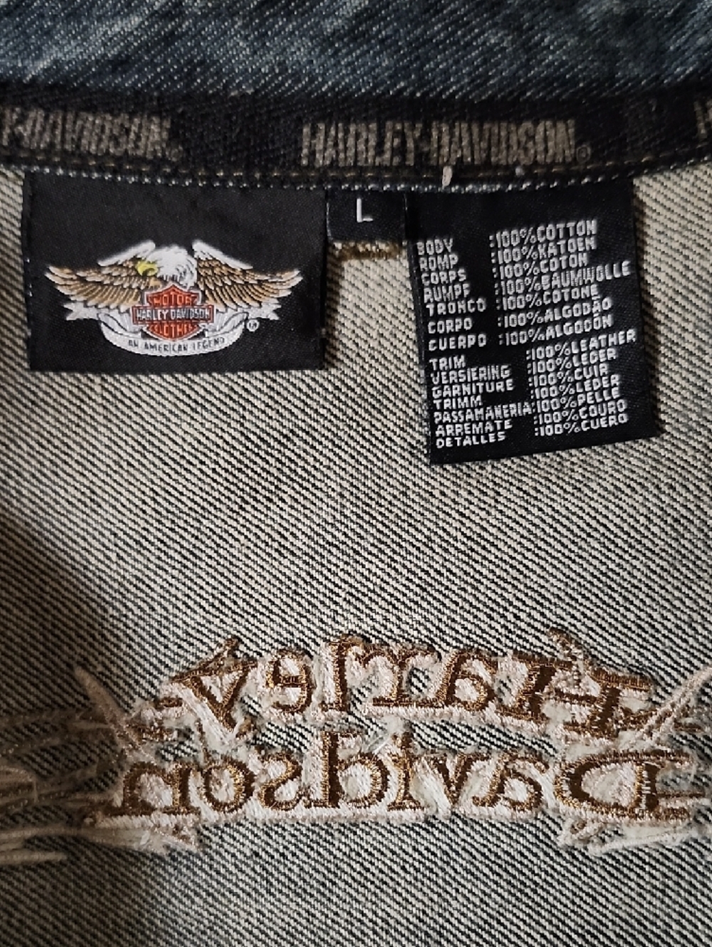 Harley-Davidson Denim Jacket Large Embroidered Logo Leather Trim Snap Front Zip - Picture 10 of 16